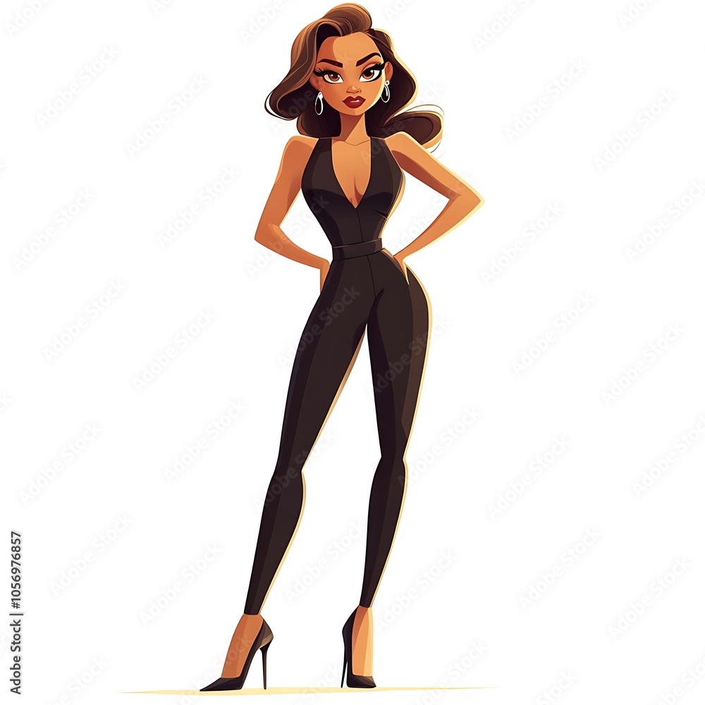 Cartoon girl in a sleek jumpsuit and high heels on a white background. Cartoon girl in a sleek jumpsuit and high heels on a white background.