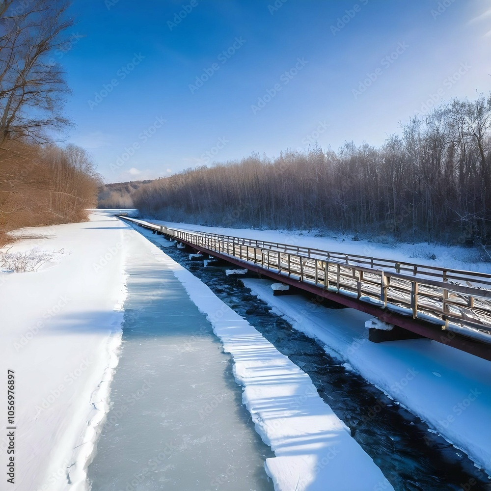 Bridge over Frozen Stream in Winter Forest Bridge over Frozen Stream in Winter Forest