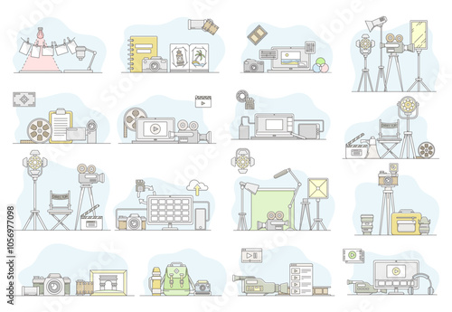Photo and Video Linear Icon and Outline Object Composition Vector Set