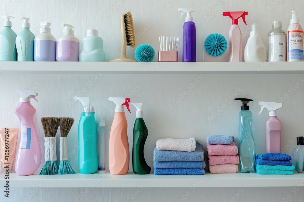 Cleaning supplies arranged neatly on a shelf, including sprays, cloths, brushes, and gloves, with ample blank space for commercial text about cleaning products and organization Cleaning supplies arranged neatly on a shelf, including sprays, cloths, brushes, and gloves, with ample blank space for commercial text about cleaning products and organization
