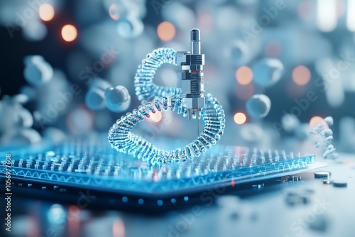 An image of a futuristic conception of a DNA chip, featuring a transparent cylindrical design and advanced technology interface suggesting next-gen science advancements. photo