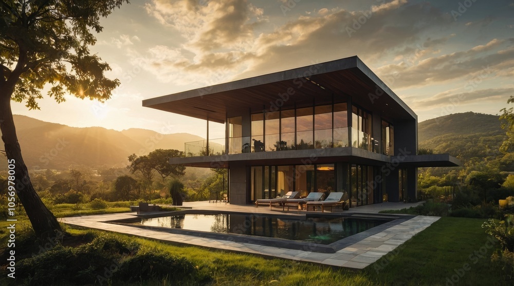 Modern house with swimming pool nestled in a hillside setting at sunset Modern house with swimming pool nestled in a hillside setting at sunset