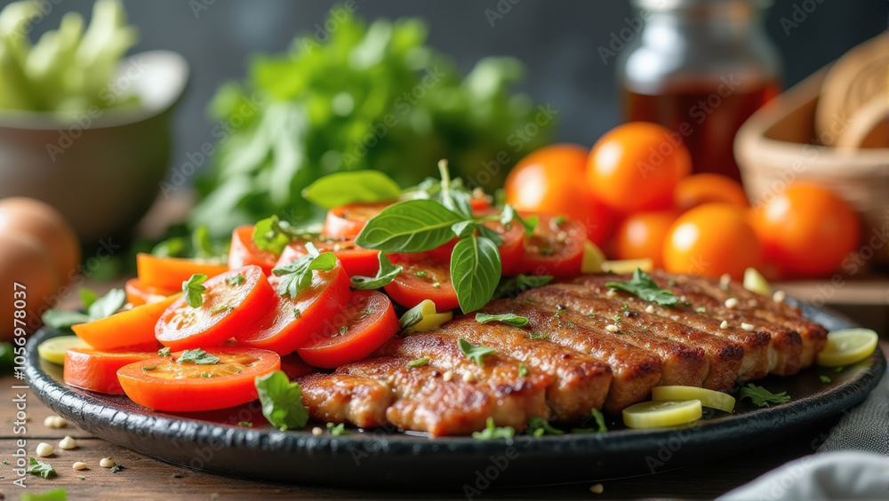 Grilled steak and fresh tomato salad with herbs on rustic platter Grilled steak and fresh tomato salad with herbs on rustic platter