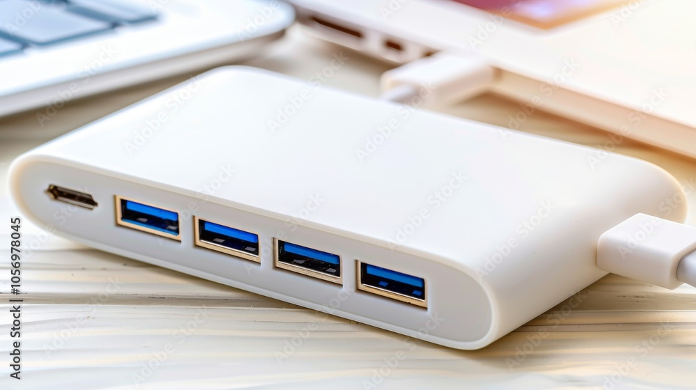 A Sleek USB hub with multiple ports connected to various devices, showcasing modern design and functionality in a tech-focused setup. A Sleek USB hub with multiple ports connected to various devices, showcasing modern design and functionality in a tech-focused setup.