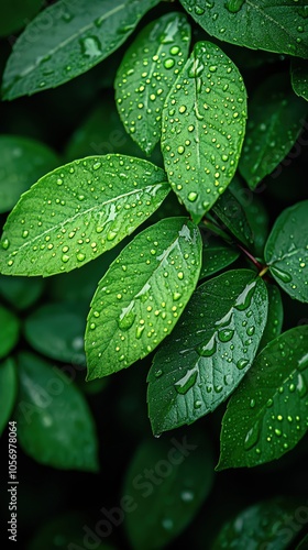 Close-up of vibrant green leaves with water droplets on a dark background, showcasing nature's beauty and freshness. photo