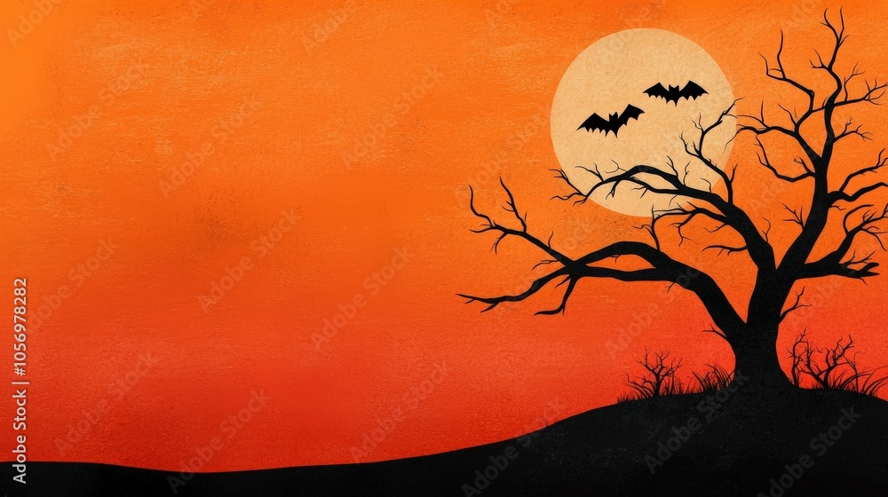 Silhouette of bats flying over a spooky tree against a vibrant orange sunset background. Silhouette of bats flying over a spooky tree against a vibrant orange sunset background.