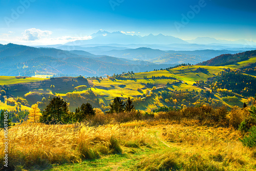 Mountain landscape in the Pieniny National Park at the foot of the Tatra Mountains. Pieniny Park is located on the border of Poland and Slovakia