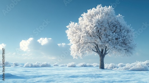 A solitary tree covered in frost in a snowy landscape.