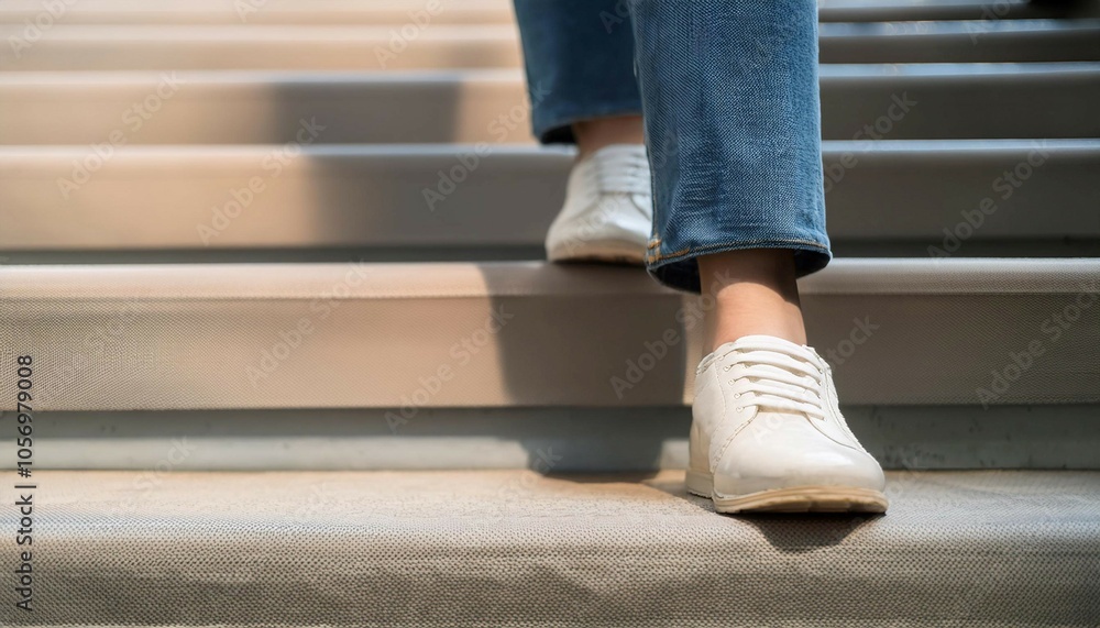 Person taking a step on a staircase, symbolizing progress, movement, and action. Person taking a step on a staircase, symbolizing progress, movement, and action.