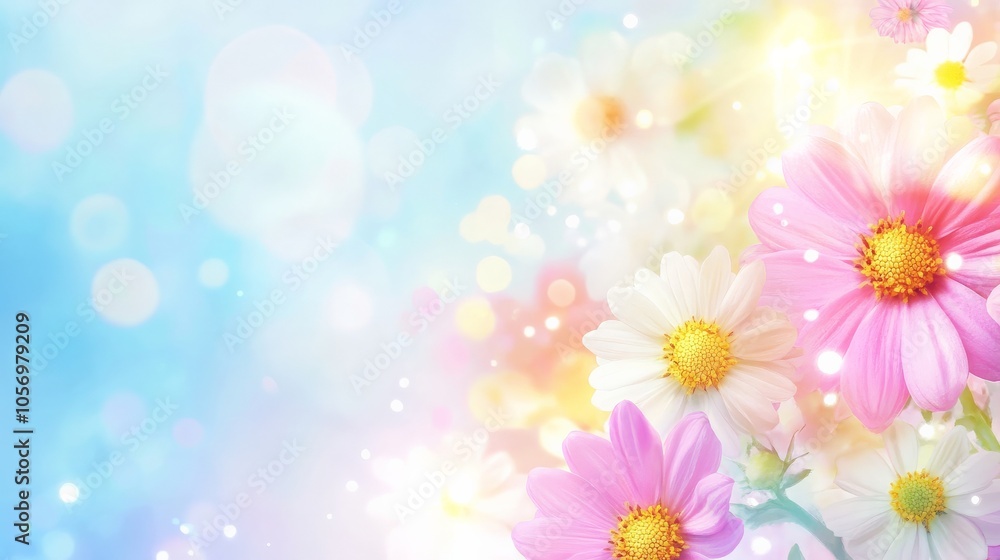 Spring Blooms with Colorful Flowers on Pastel Background Spring Blooms with Colorful Flowers on Pastel Background