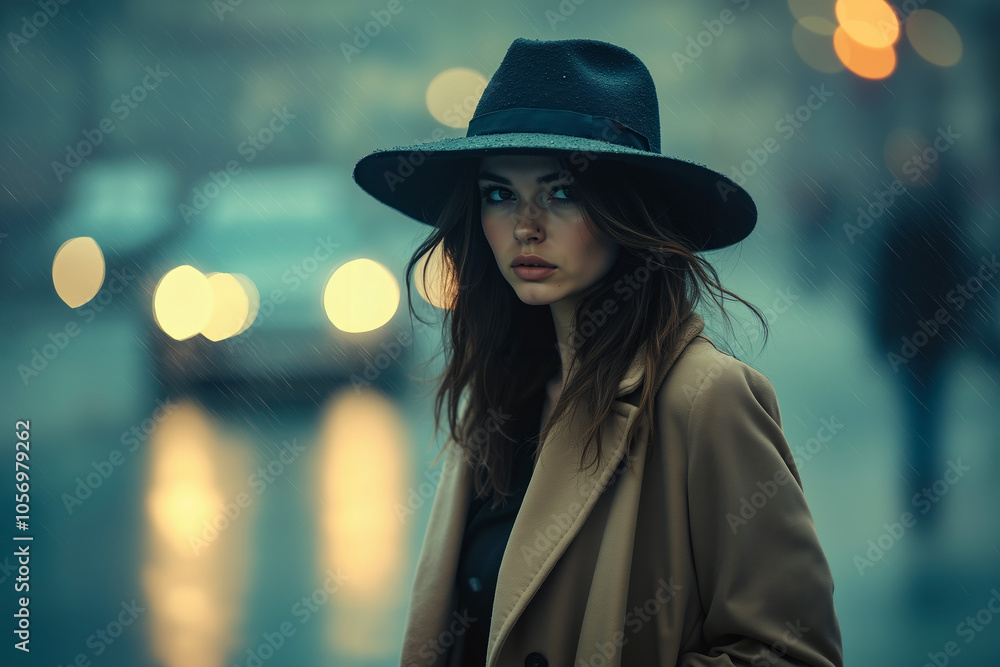 A woman in a black hat and coat stands on a street at night, looking to the side A woman in a black hat and coat stands on a street at night, looking to the side