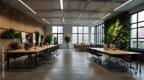 Modern office workspace with greenery and natural light.generative.ai