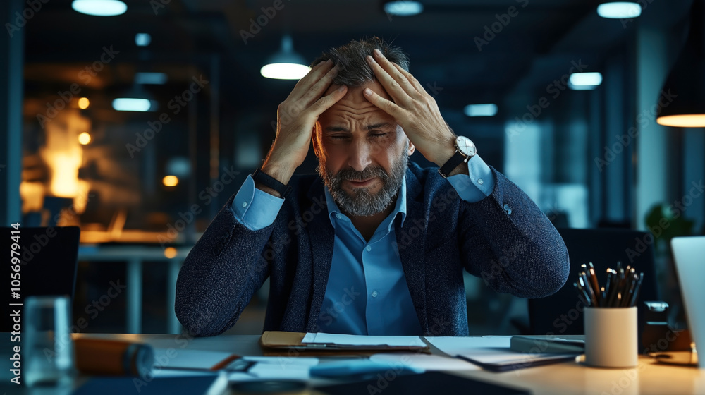 Middle-aged man in office setting holding his head in stress or frustration, sitting at a table filled with papers and office supplies, with blurred background and ambient lighting. Middle-aged man in office setting holding his head in stress or frustration, sitting at a table filled with papers and office supplies, with blurred background and ambient lighting.