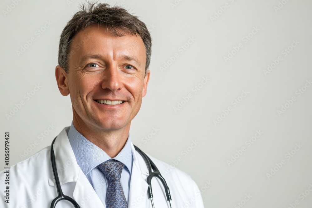 Man doctor in white coat smile on white isolated background looks into camera, copy space, space for text, health Man doctor in white coat smile on white isolated background looks into camera, copy space, space for text, health