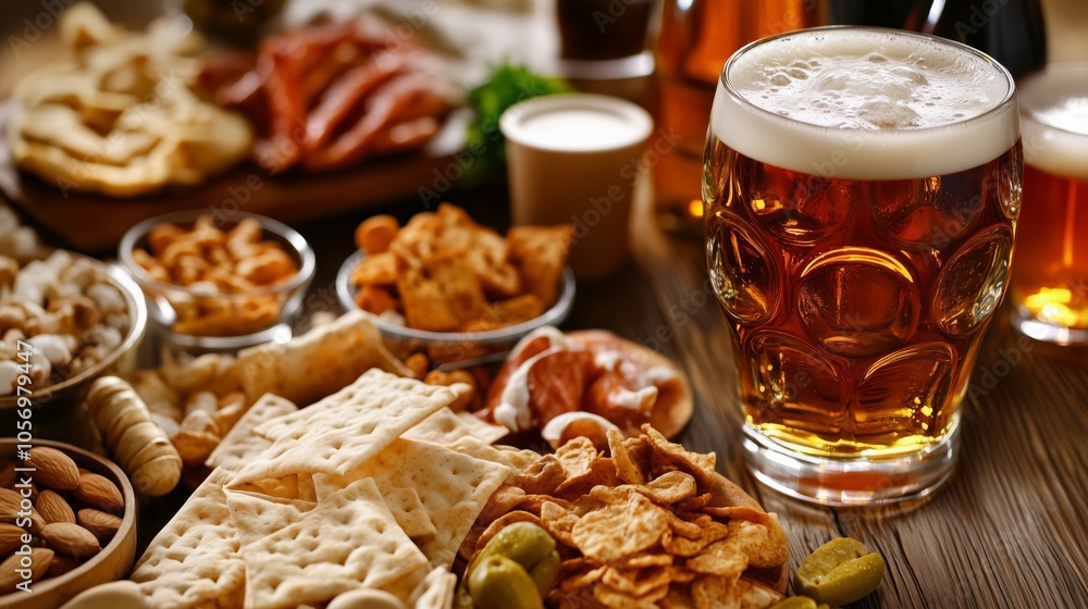 Table with a variety of snacks and a glass of beer Table with a variety of snacks and a glass of beer