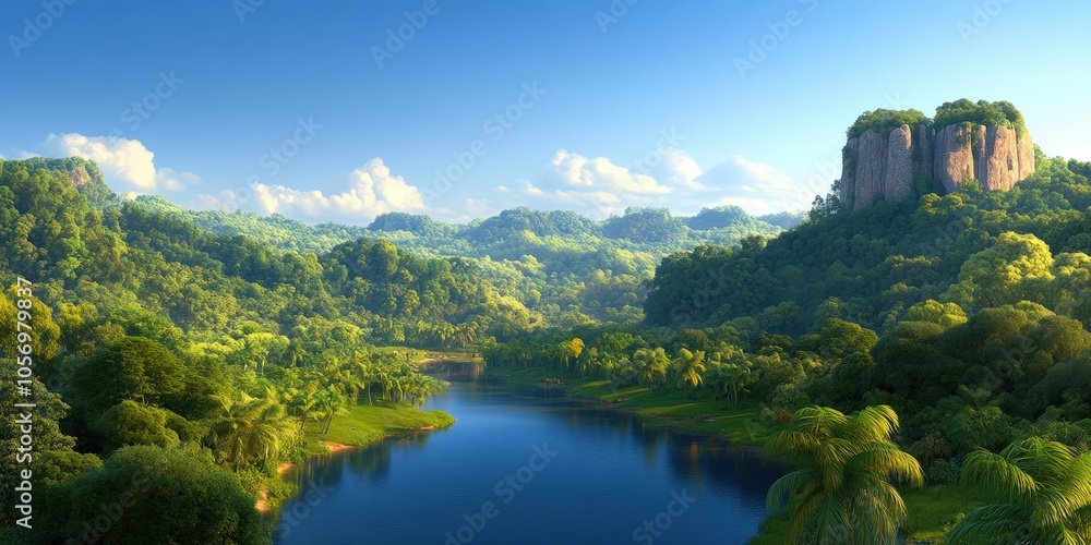 Naklejka premium Lush Tropical Landscape with Winding River and Majestic Cliffs