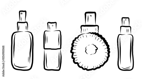Perfume in different shaped bottles, in line art style, line, bows, flowers, smell. vector illustration