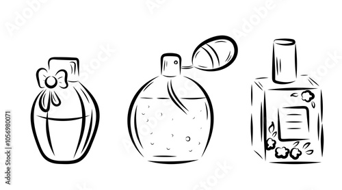 Perfume in different shaped bottles, in line art style, line, bows, flowers, smell. vector illustration
