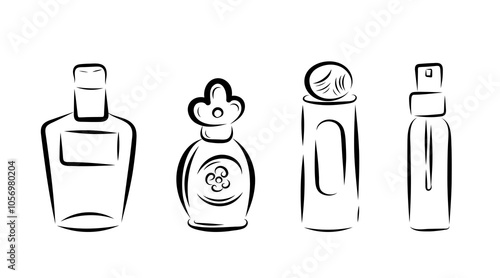 Perfume in different shaped bottles, in line art style, line, bows, flowers, smell. vector illustration
