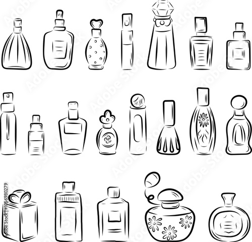 Perfume in different shaped bottles, in line art style, line, bows, flowers, smell. vector illustration