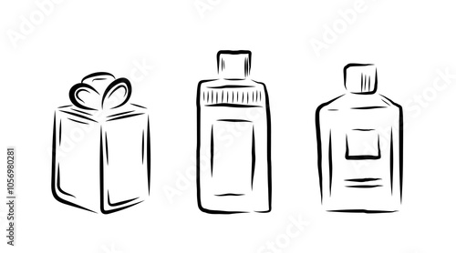 Perfume in different shaped bottles, in line art style, line, bows, flowers, smell. vector illustration