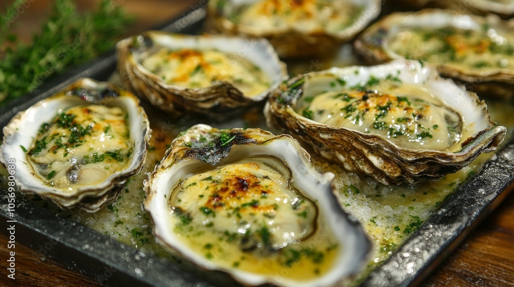 Baked Oysters with Herbs and Butter on a Black Tray