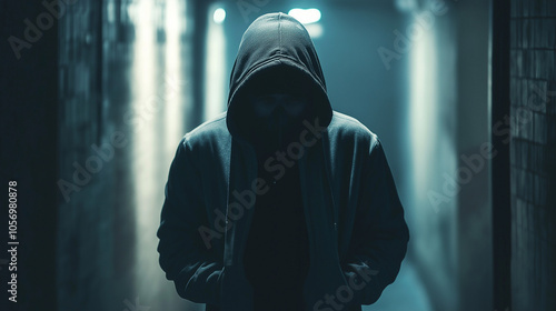 Silhouetted figure in a window wearing a hood at night in a dark city reflecting a somber and mysterious atmosphere, A hooded man in a dark alley, mysterious and suspicious, appearing like a thief