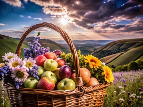 A colorful fruit basket rests on sunlit grass, surrounded by vibrant wildflowers, capturing the essence of nature's beauty in a delightful, serene