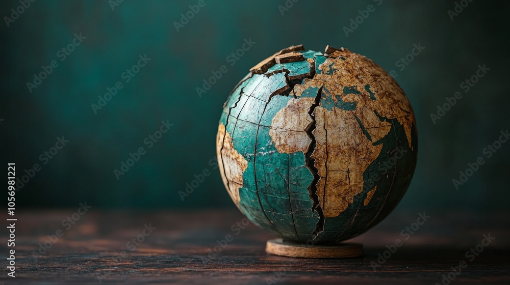 A Cracked and Weathered Globe on a Wooden Surface A Cracked and Weathered Globe on a Wooden Surface
