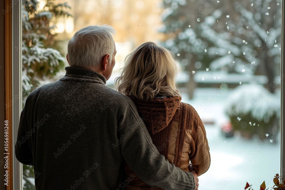 An elderly couple looking out a window at a snowy scene An elderly couple looking out a window at a snowy scene
