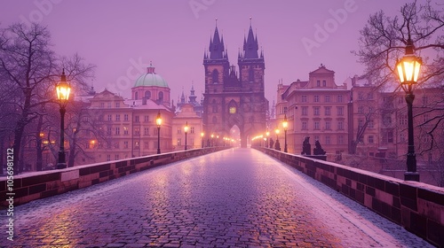 Gothic Charles Bridge with Mist and Neon Accents Over Vltava