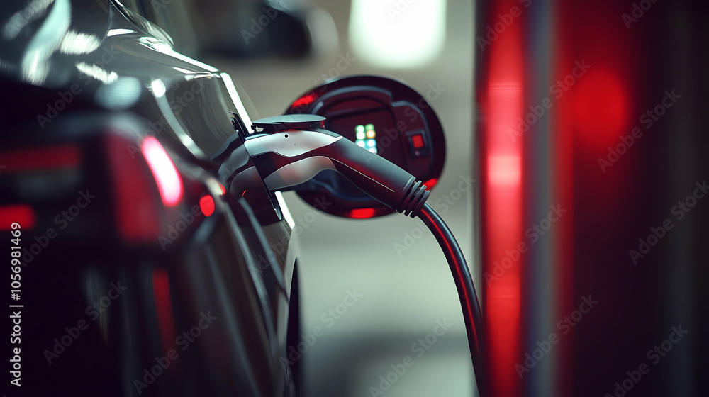 an electric car at a charging station, with a beautifully blurred background that suggests motion and activity an electric car at a charging station, with a beautifully blurred background that suggests motion and activity