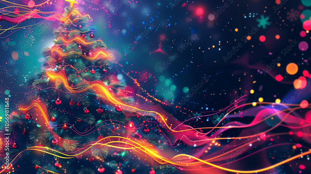 Abstract art background design for Christmas and New Year celebration events in vibrant neon light trails. Glowing sparkle style. Abstract art background design for Christmas and New Year celebration events in vibrant neon light trails. Glowing sparkle style.