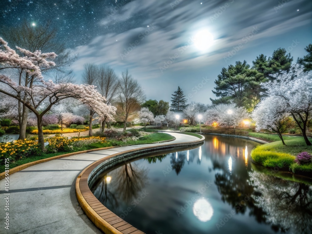 Naklejka premium A magical park pathway under a starry sky, illuminated by soft lights, creates an enchanting atmosphere perfect for serene nature photography and