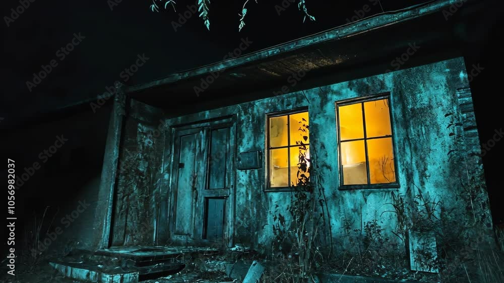 A weathered, blue house with a single lit window glows in the dark of night A weathered, blue house with a single lit window glows in the dark of night