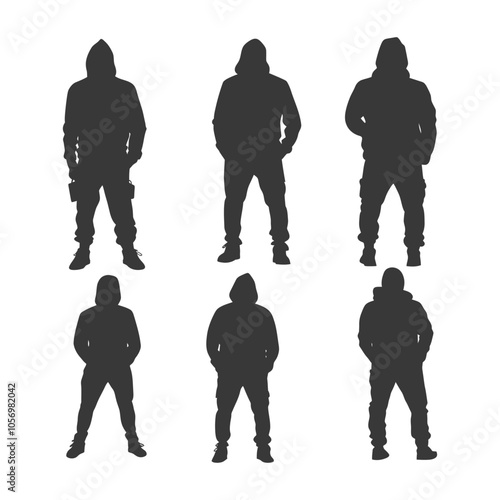 Silhouettes of Six Hooded Figures in Casual Clothing
