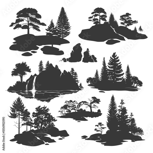 Silhouettes of Trees Rocks and a Waterfall on Islands