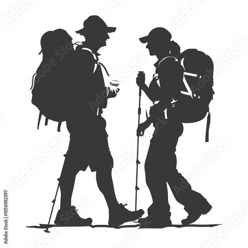 Silhouettes of Two Hikers with Backpacks and Trekking Poles