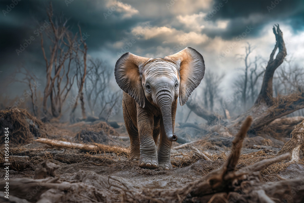 Fototapeta premium A young elephant ventures through a mystical, barren forest, creating a striking contrast between life and desolation under a dramatic, stormy sky.