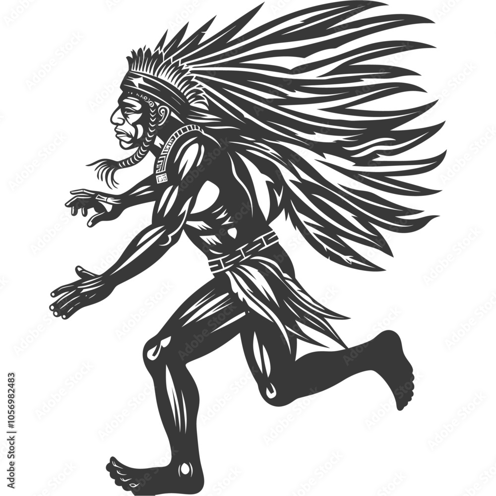 Fototapeta premium Native American Warrior Running with Feathers