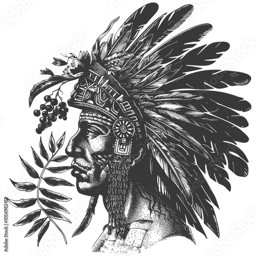 Native American Man Wearing Headdress and Feathers