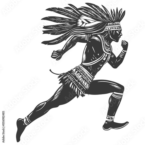 Native American Warrior Running with Feathers and Traditional Clothing