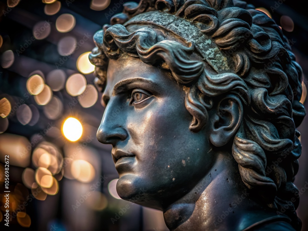 A striking head of a Greek god statue, intricately detailed and perfect for artistic interpretations, set against a versatile background with ample A striking head of a Greek god statue, intricately detailed and perfect for artistic interpretations, set against a versatile background with ample