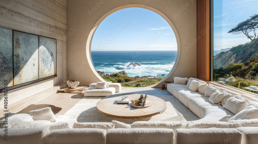 Spacious living room with a circular window framing a beautiful coastal view Spacious living room with a circular window framing a beautiful coastal view