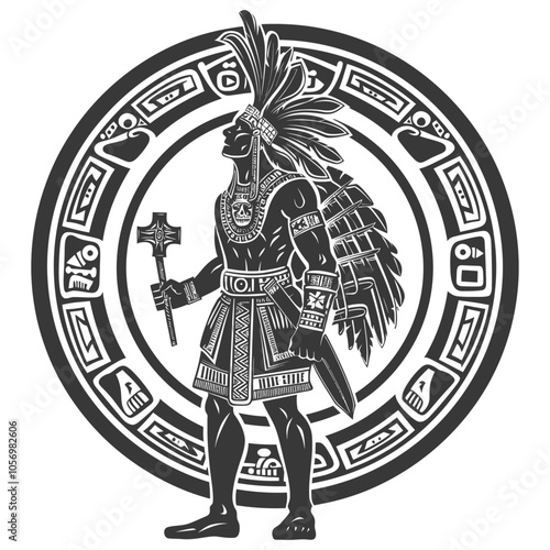 Native American Warrior with Ceremonial Weapons in Aztec Design