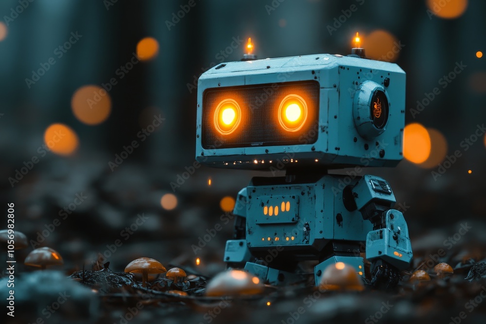 A charming robot stands among mushrooms in a forest, exhibiting luminous eyes, and sparks curiosity, wonder, and a gentle sense of adventure and exploration. A charming robot stands among mushrooms in a forest, exhibiting luminous eyes, and sparks curiosity, wonder, and a gentle sense of adventure and exploration.