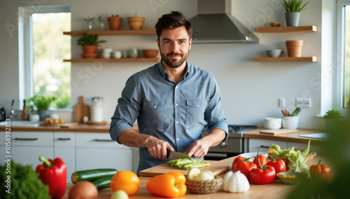 Man cooking in modern kitchen with fresh vegetables and natural lighting