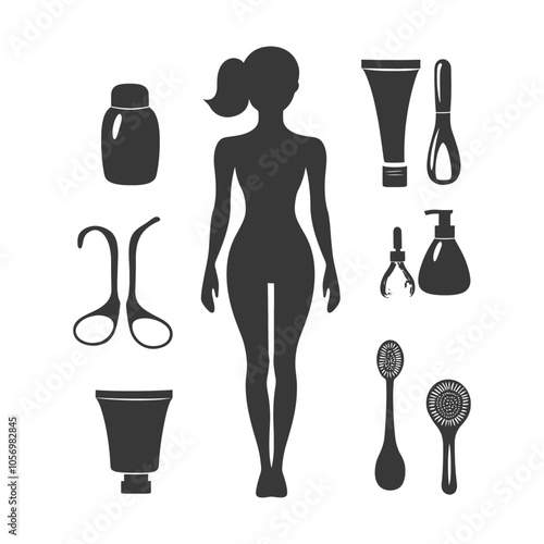 Silhouette of a Woman with Various Beauty Products