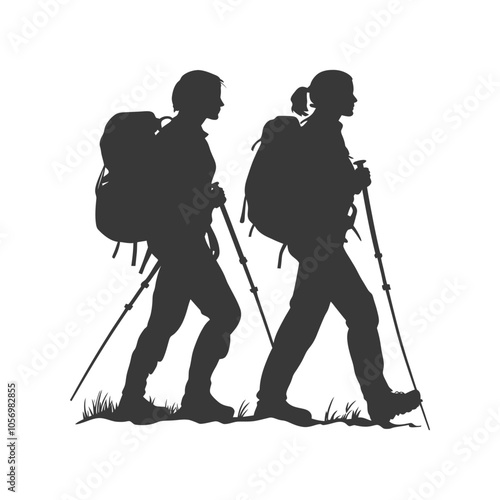 Silhouette of Two Hikers with Backpacks and Trekking Poles