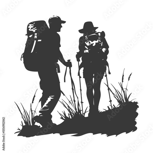 Silhouette of Two Hikers with Backpacks and Trekking Poles